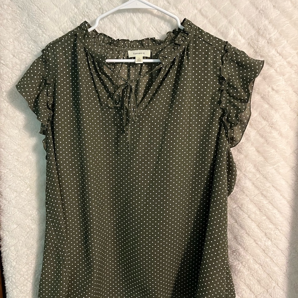 Chic Olive Polka Dot Blouse with Ruffle Sleeves